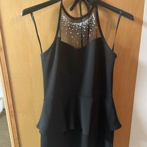 Peplum black halter mini dress with rhinestones